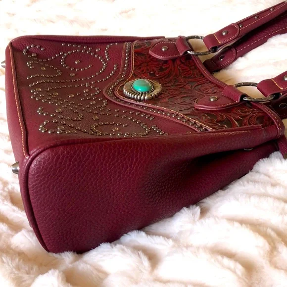 NWT Trinity Ranch Wedtern Tooled Studded Turquoise Shoulder Bag Merlot - Picture 5 of 16